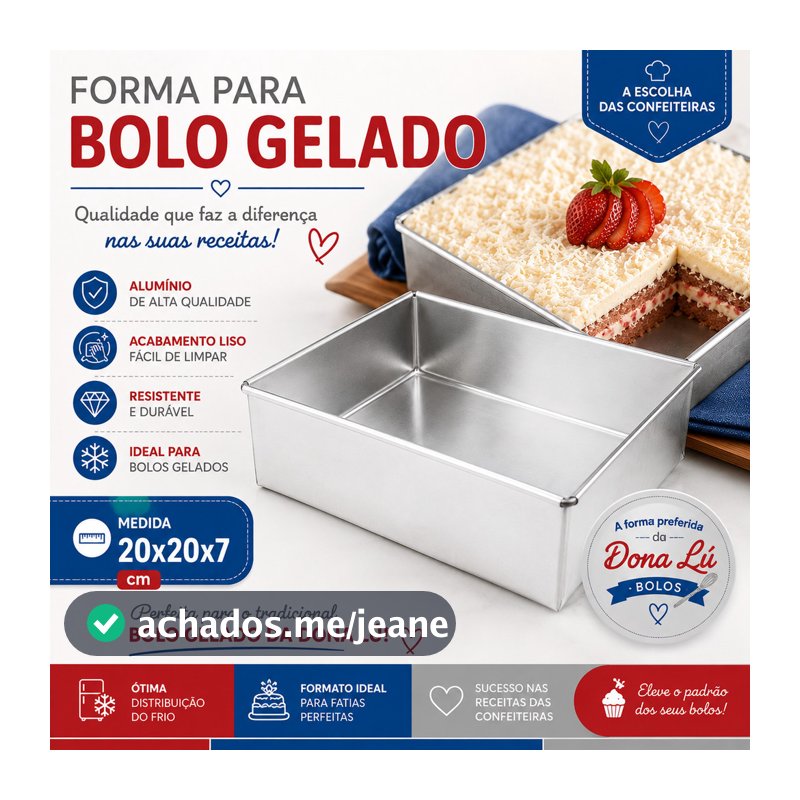 Forma para Bolo Gelado Quadrada Fixa 20x20x7 Em Alumínio Resistente Profissional
