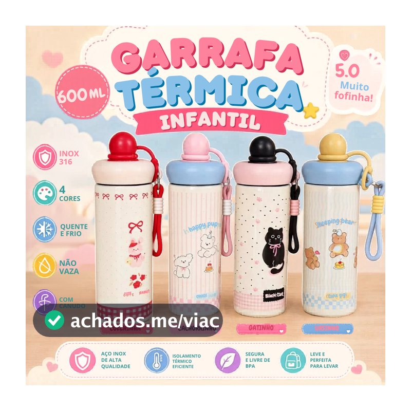 Garrafa Térmica Inox 500ml Kawaii Antivazamento com Canudo Alça e Abridor