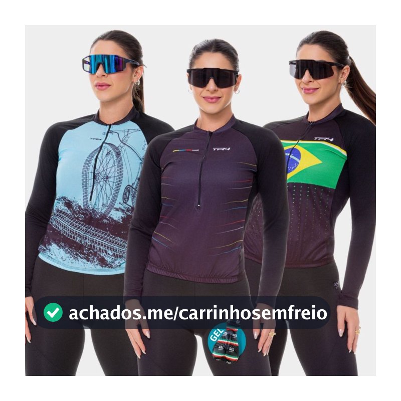Conjunto Ciclismo Feminino Camisa Manga Longa Várias Estampas Bermuda Forro Gel Uv Mtb