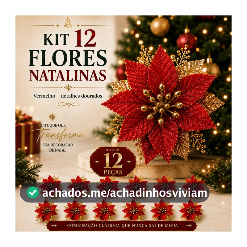 Flores Enfeite Natal Glitter Árvore Decoração Artificial Decorativa Natalina Luxo Vermelho com Dourado Brilhante Pick Up