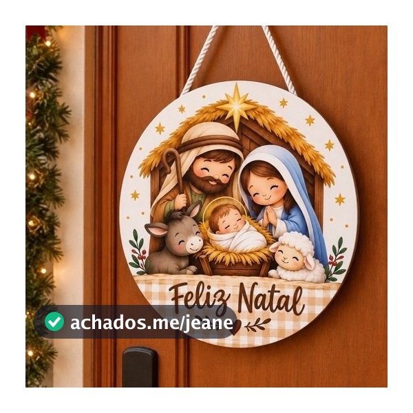 Enfeite de Natal MDF 20cm Placa Decorativa de Porta Presépio Sagrada Família com Cordão Guirlanda