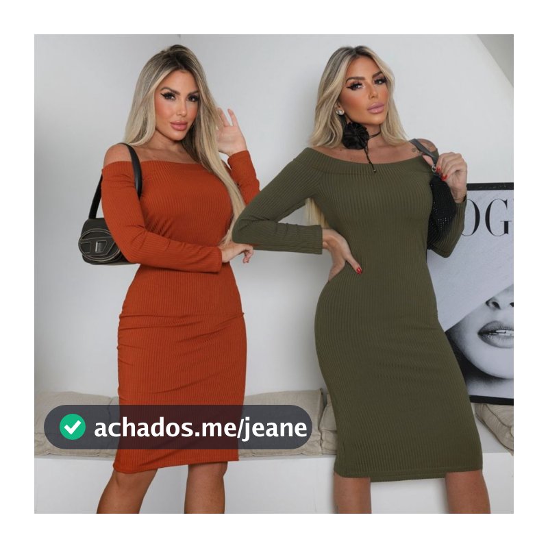 Vestido Midi Ombro a Ombro Inverno Gola Canoa Canelado Premium Manga Longa Decote  Modelador