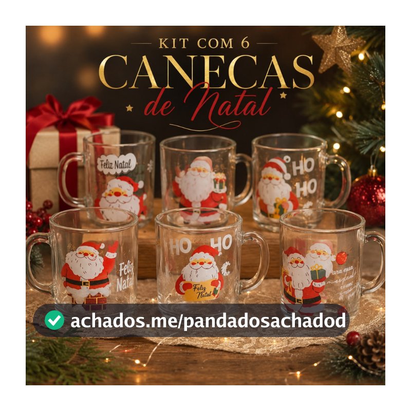 Kit 6 Canecas de Vidro Natalinas 250ml Estampadas Feliz Natal Presente de Natal Decoração Papai Noel
