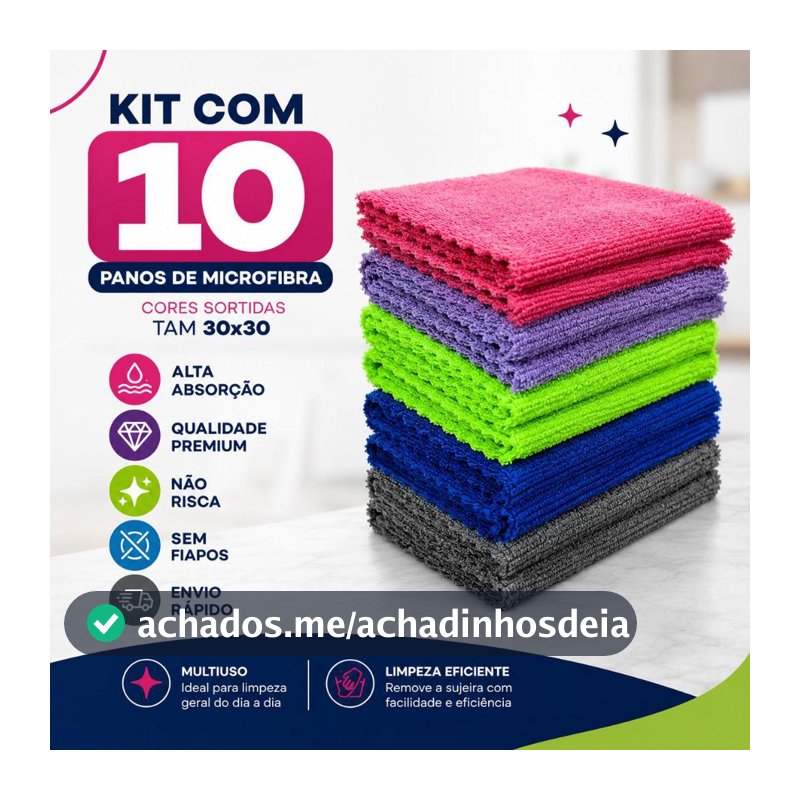 Kit 10 Panos Microfibra Alta Absorção Multiuso Não Risca Sem Fiapos Limpeza Casa Carro PM001-A