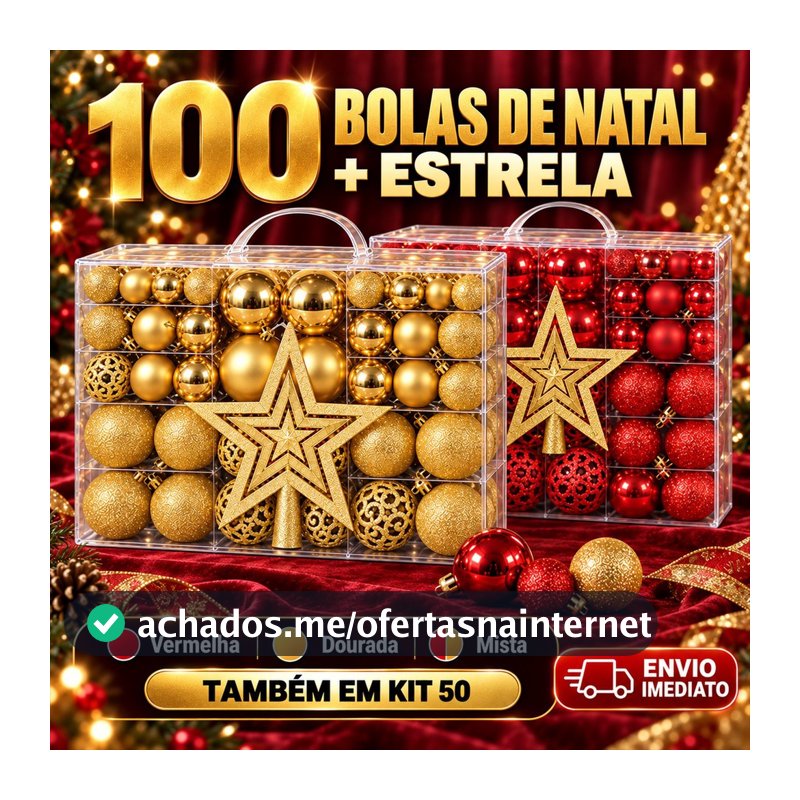 Kit 100 Bolas de Natal E Estrela Ponteira Decoração Enfeite Árvore Fosca Glitter Vermelha Dourada