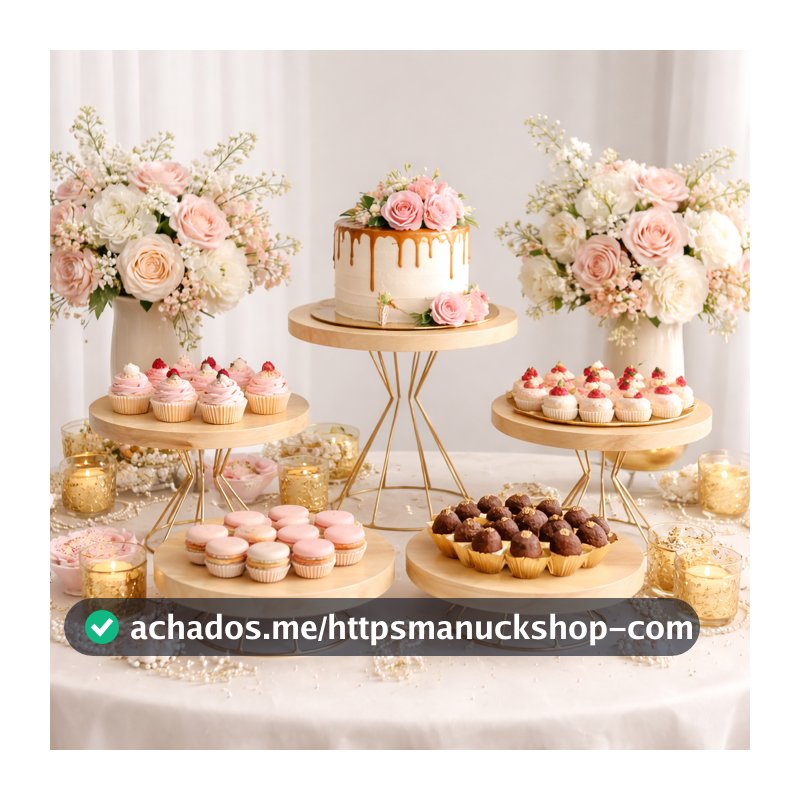 Kit Boleiras Decorativas Madeira com Base Dourada Suporte para Doces Festa Luxo Mesa Posta Aniversario
