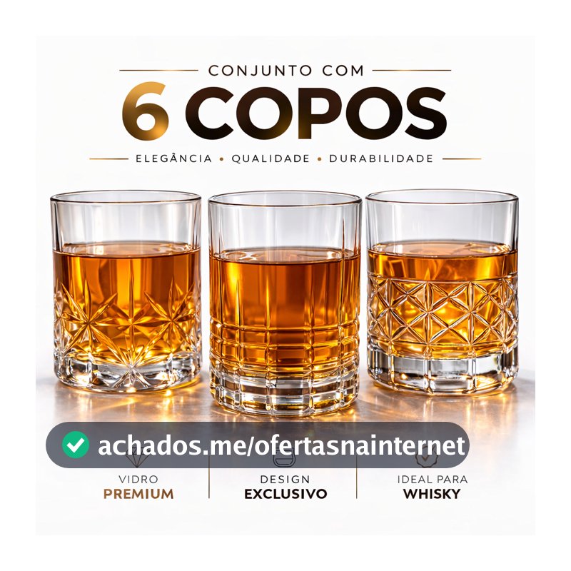 Jogo 6 Copos Whisky 340ml Drinks Bebidas Bar Transparente Cristal Vidro Baixo Uisque Resistente Luxo
