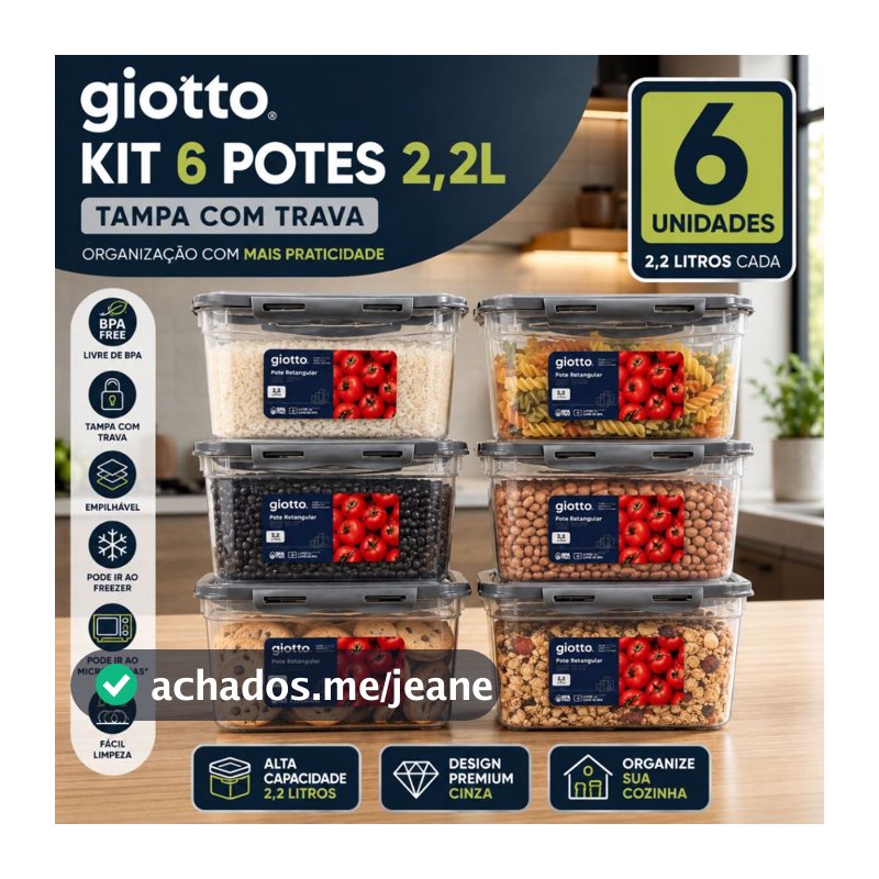 Kit 6 Potes Com Tampa e Trava 2,2L Alto Cinza Freezer E Microondas Marmitas Fitness Giotto