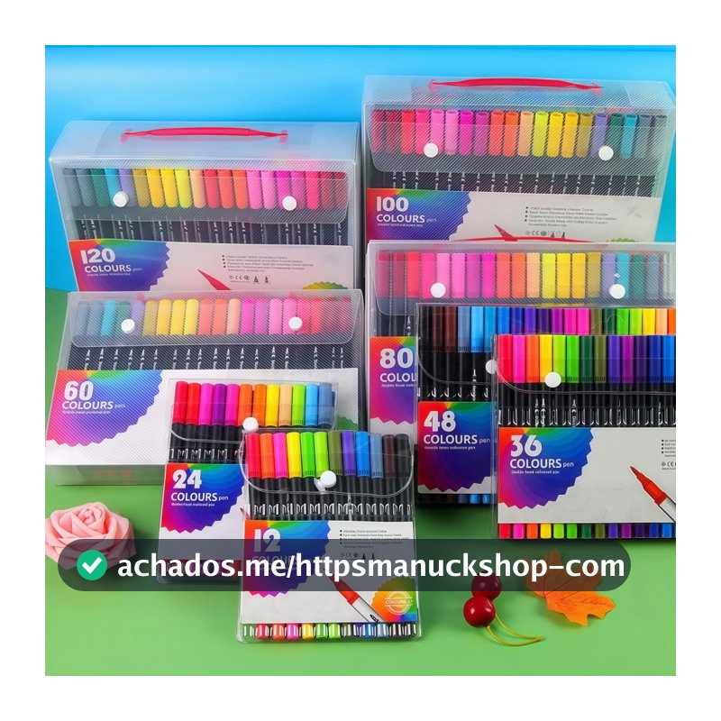 Kit 12/24/36/48/60 Canetas 2 em 1 Brush e Ponta Fina p/ Lettering, Desenho e Colorir Dual Pen