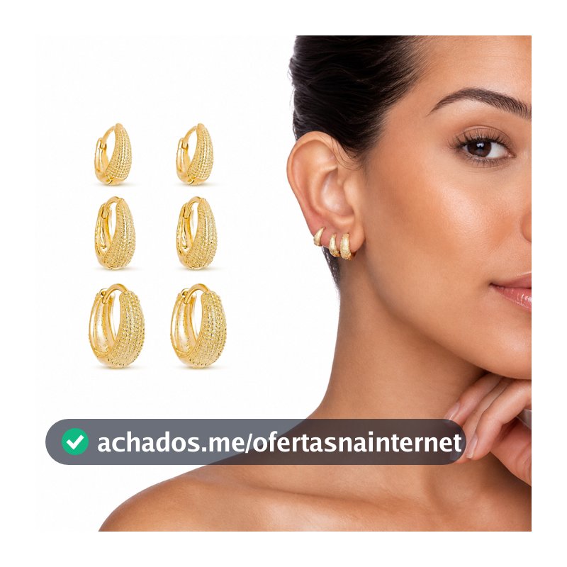 Trio Brinco Argola Click Banhado a Ouro 18k Craquelada