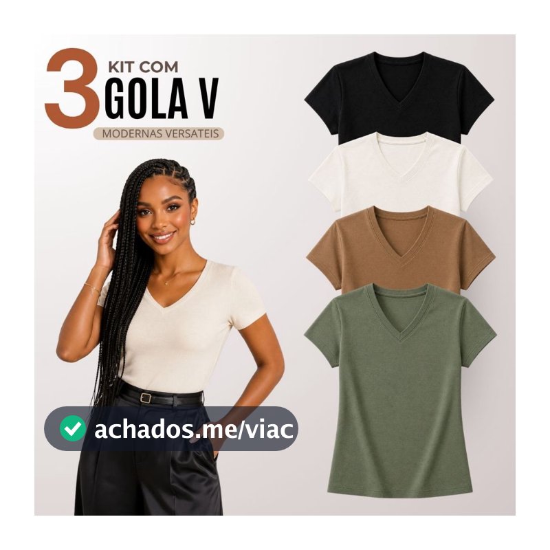 Kit 3 Blusas Feminina Decote V Manga Curta 100% Algodão Roupas Femininas - G00