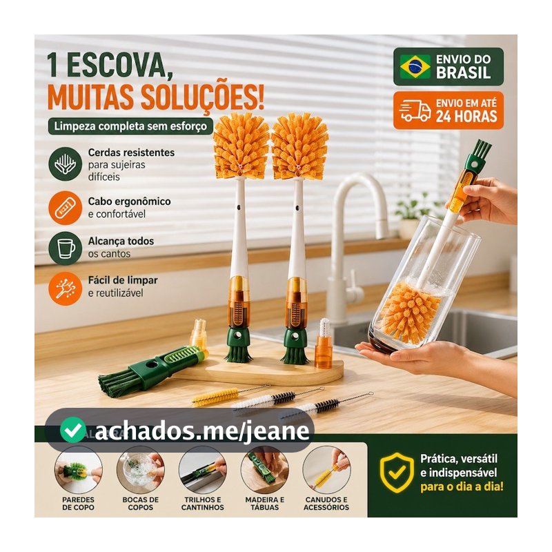 Kit 3 Escova 5 em 1 para Garrafas, Copos, Canudos, Tampas e Mamadeiras Limpeza Multiuso