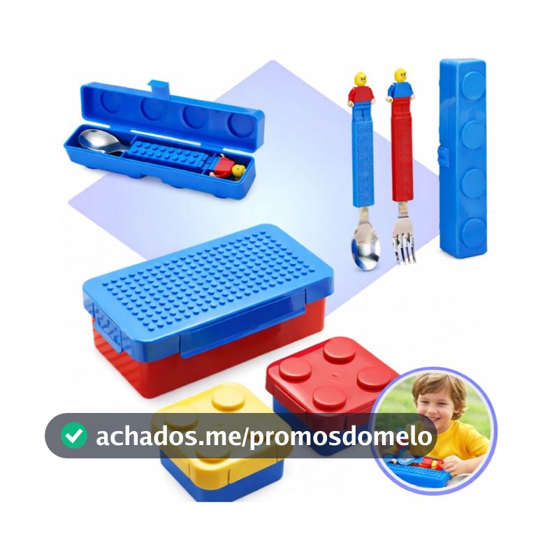 Conjunto Infantil Marmita Lancheira Lego E Talheres Montável Azul/vermelho Peça De Montar Colorido