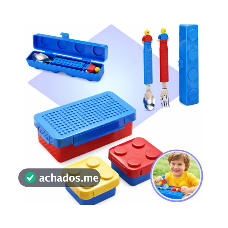 Conjunto Infantil Marmita Lancheira Lego E Talheres Montável Azul/vermelho Peça De Montar Colorido