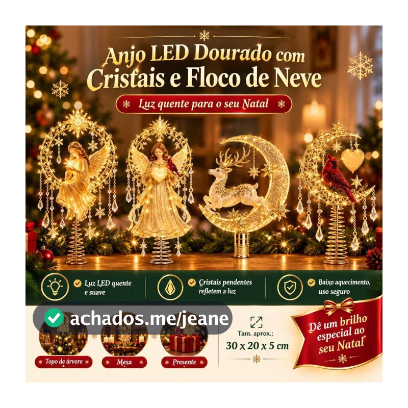 Topo de Árvore de Natal Anjo LED Dourado com Cristais e Floco de Neve | Luz Quente | 30x20x5cm | Decoração e Presente