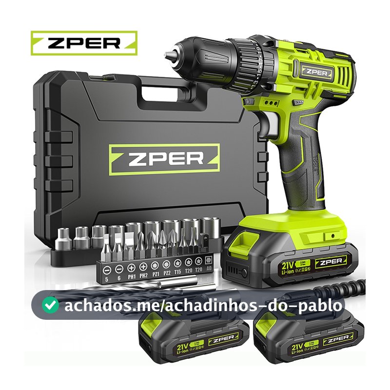 ZPER Furadeira Parafusadeira A Bateria 21V Com Duas Bateria Maleta Kit Ferramentas Completo