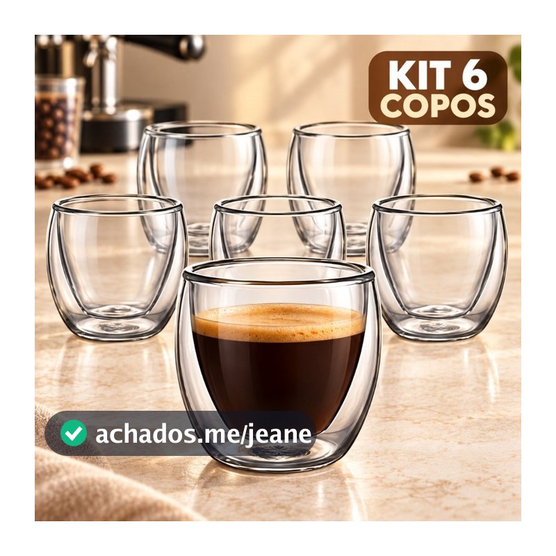 Kit 6 Copos de Vidro Parede Dupla 80ml para Café Espresso e Chá Sem Alça