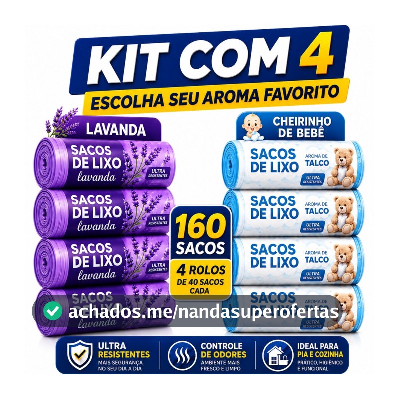 Kit 4 Rolos de Sacos de Lixo 10L 160 Unidades Perfumado Lavanda Talco Cheirinho Bebê Pia Banheiro