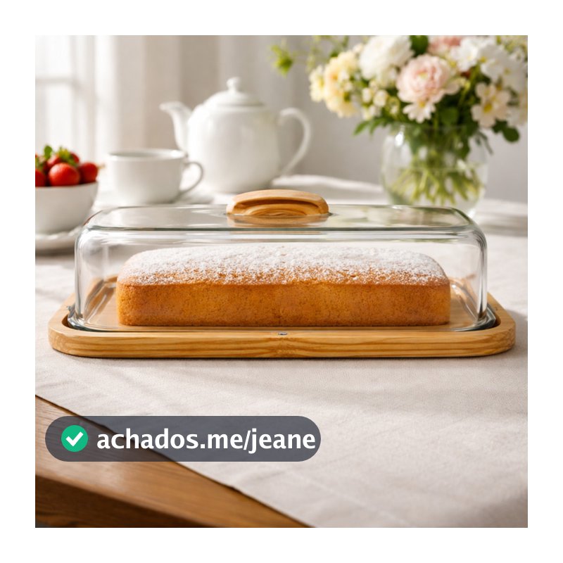 Boleira Porta Tortas Retangular Grande Madeira Vidro 40cm