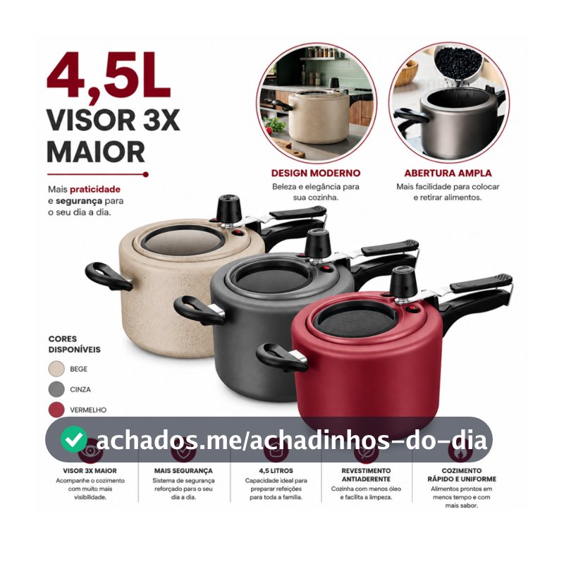 Panela de Pressão 4,5L Antiaderente com Visor de Vidro na Tampa 12cm Grande Grafite / Cereja / Perola 4,5 Litros MTA
