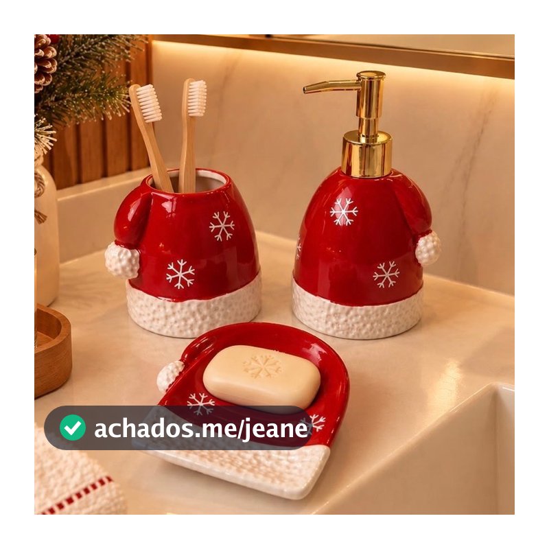 KIT 3 Peças — Kit Lavabo em Porcelana de Natal Design de Natal Gorro Papai Noel Kit Banheiro Dispenser,Porta Escova
