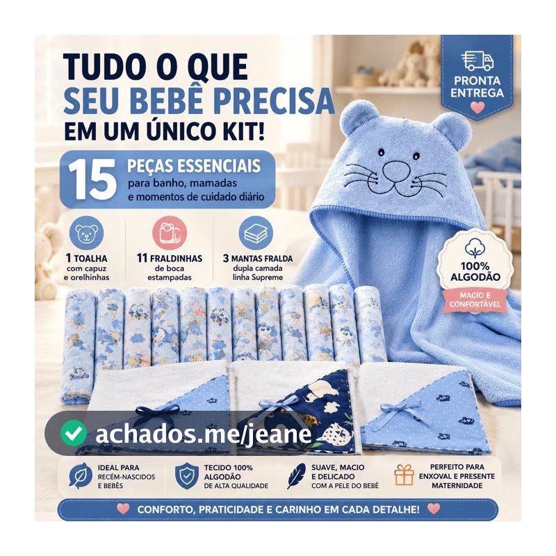 Kit Enxoval Bebê 15 Peças Completo 100% Algodão | Toalha com Capuz + 11 Fraldinhas + 3 Mantas Fralda Premium