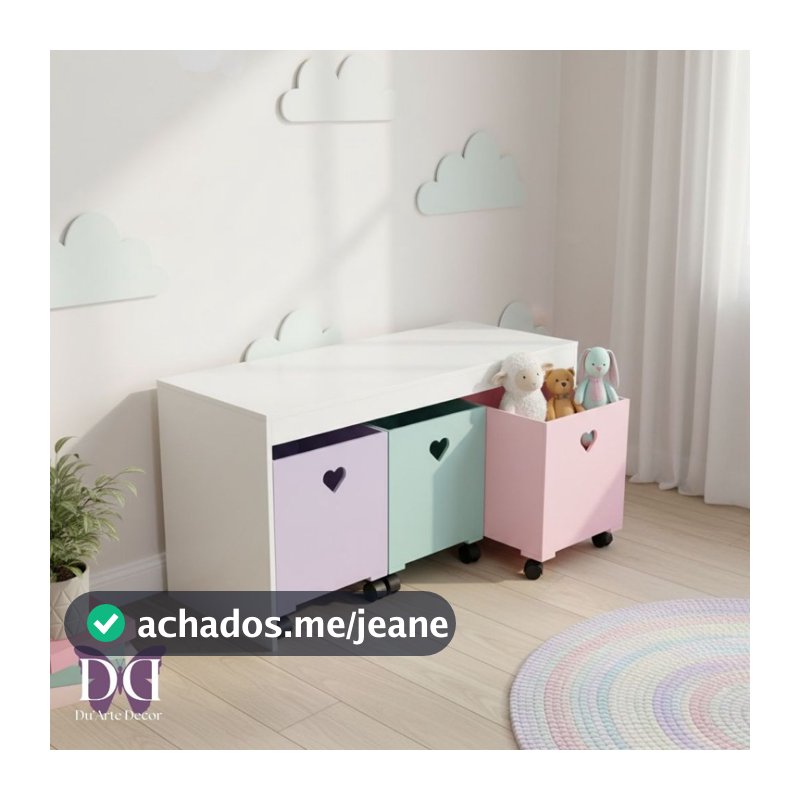 Organizador de Brinquedos Bancada Infantil 3 Gavetas Com Rodinhas em MDF