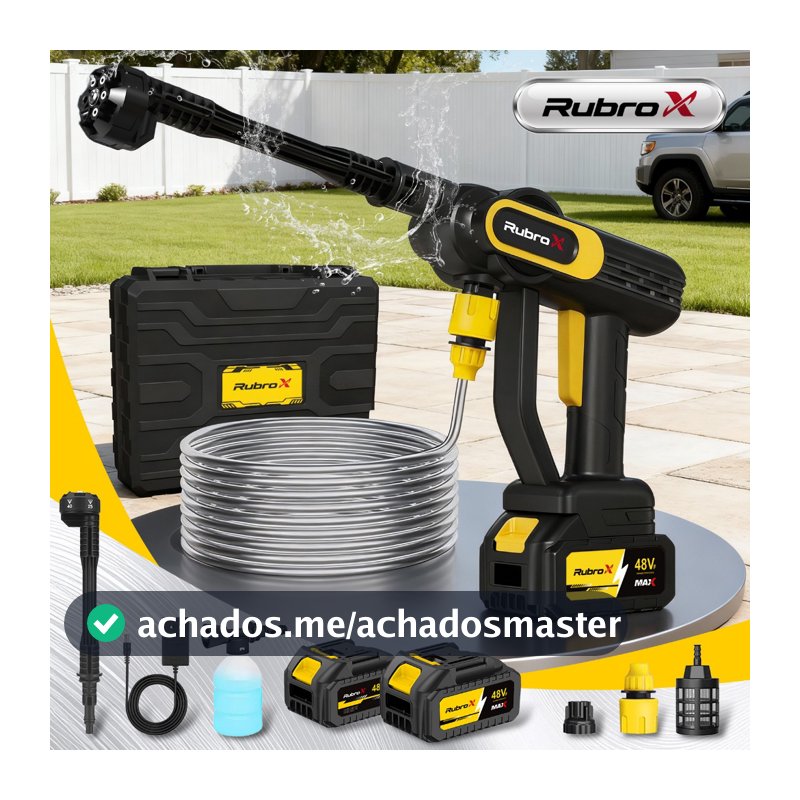 Rubrox 6 em 1 Lavadora Alta Pressão 300W Motor Sem Escovas 2 Baterias Bico Ideal Para Carro Jardim