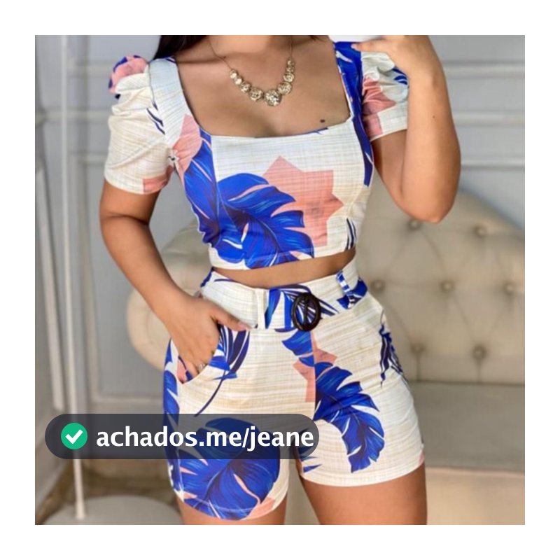 Conjunto Feminino Cropped Com Bojo e Short com Cinto Suplex