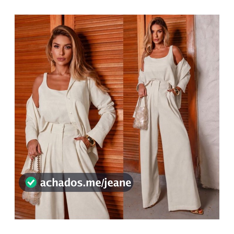 Conjunto Feminino Linho 3 Peças Estilo Alfaiataria Calça Pantalona Cintura Alta Camisa e Cropped