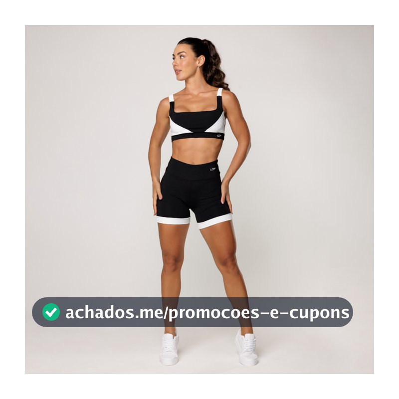 Conjunto Feminino Academia Top Preto com Recorte Branco Short Fitness Elevate
