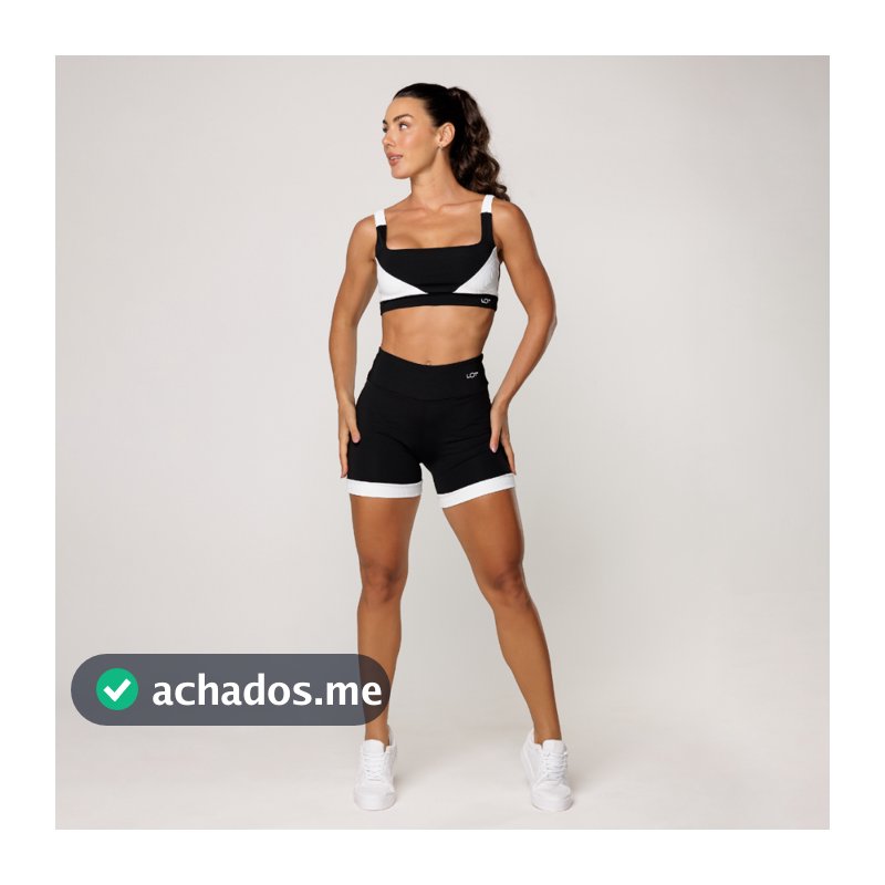Conjunto Feminino Academia Top Preto com Recorte Branco Short Fitness Elevate
