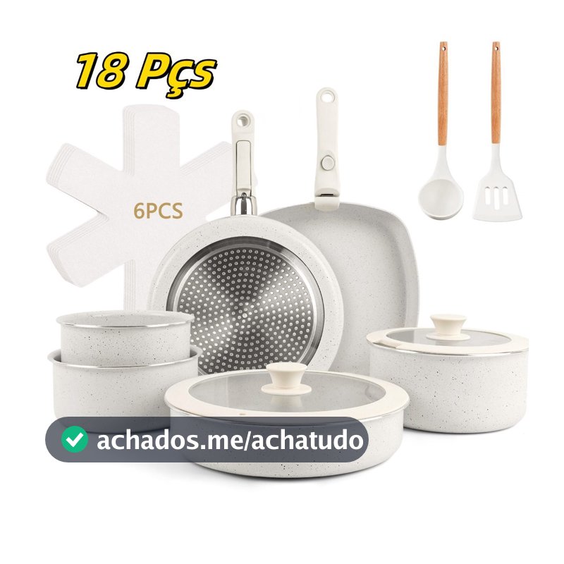 Jogo de Panelas de 18 Peças com Fundo Triplo Cerâmico, para Indução e Gás, com Cabo Removível