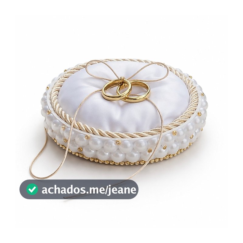 Porta Alianças Casamento Branco 12x12cm com Pérolas, Cordão Champagne e Detalhes Dourados