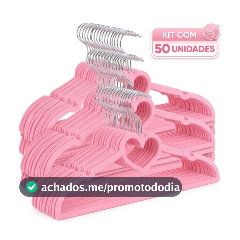 Kit 50 Cabide Infantil Veludo Slim Antideslizante Ultra Fino - Rosa Coração