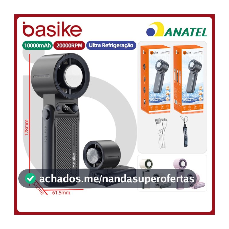 Basike Ventilador portátil mini refrigeração display digital 10000mAh，Ventilador USB 20000RPM Alta potência ，fan330