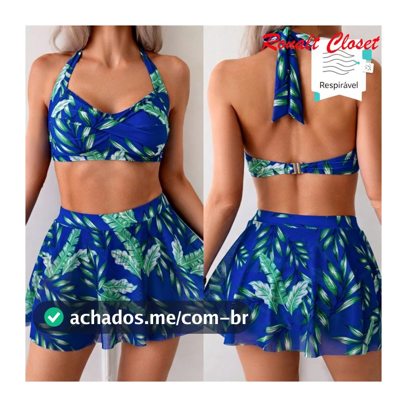 Conjunto 2 Peças Biquíni Feminino Estampas Up Tropicais Com Bojo Saia De Praia Swimsuit
