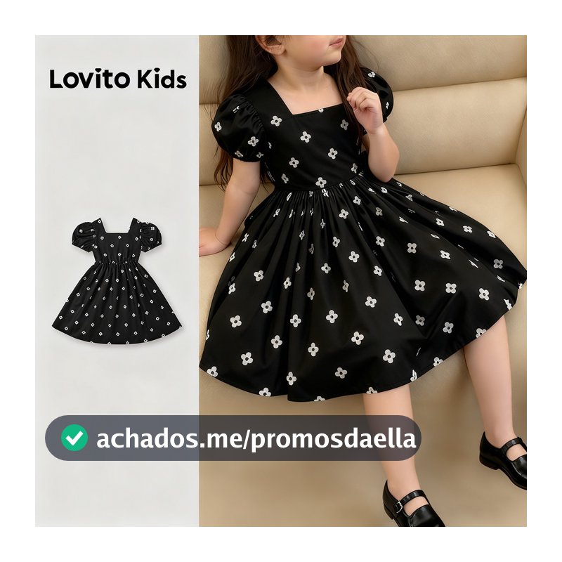 Lovito Kids Casual Vestido Fofo Delicado Floral Babado Primavera/verão Preto para Menina L168LD183