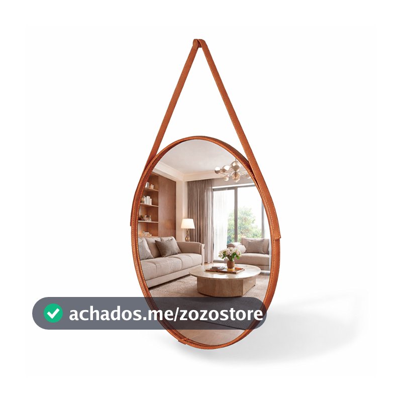 Espelho Redondo Decorativo Adnet Alça Couro Suporte 60cm Sala Quarto Banheiro