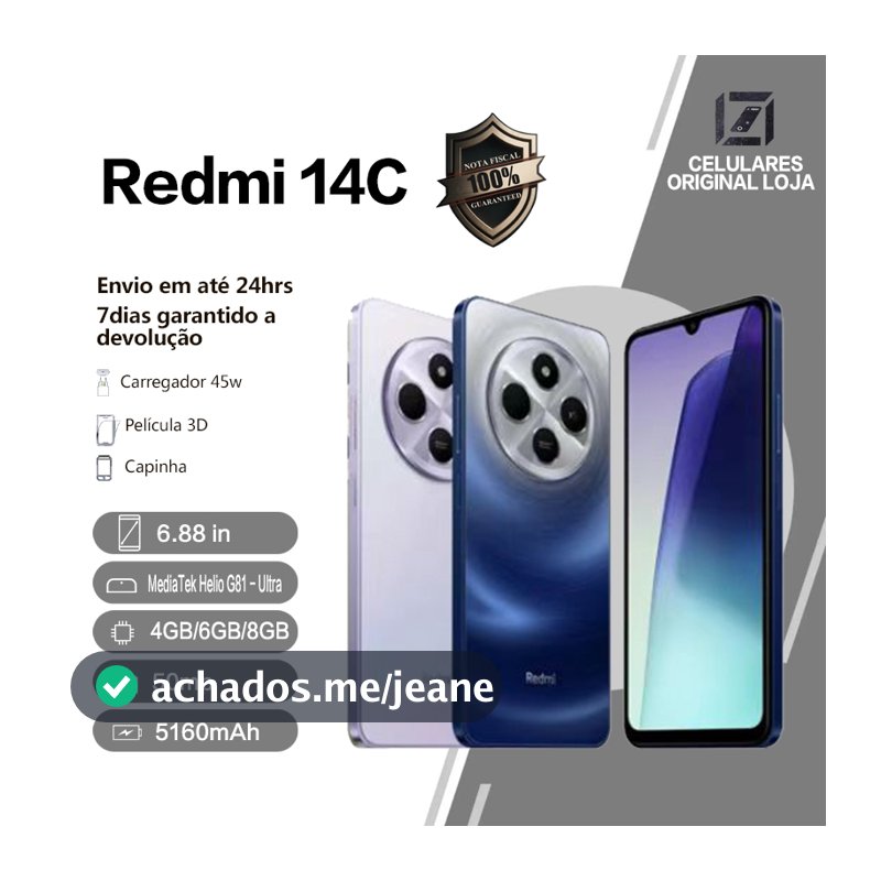 Xiaomi Redmi 14C 4GB+64GB/128GB/8GB+256GB Versão Global Tela 6,88" 120Hz  Bateria 5160mAh