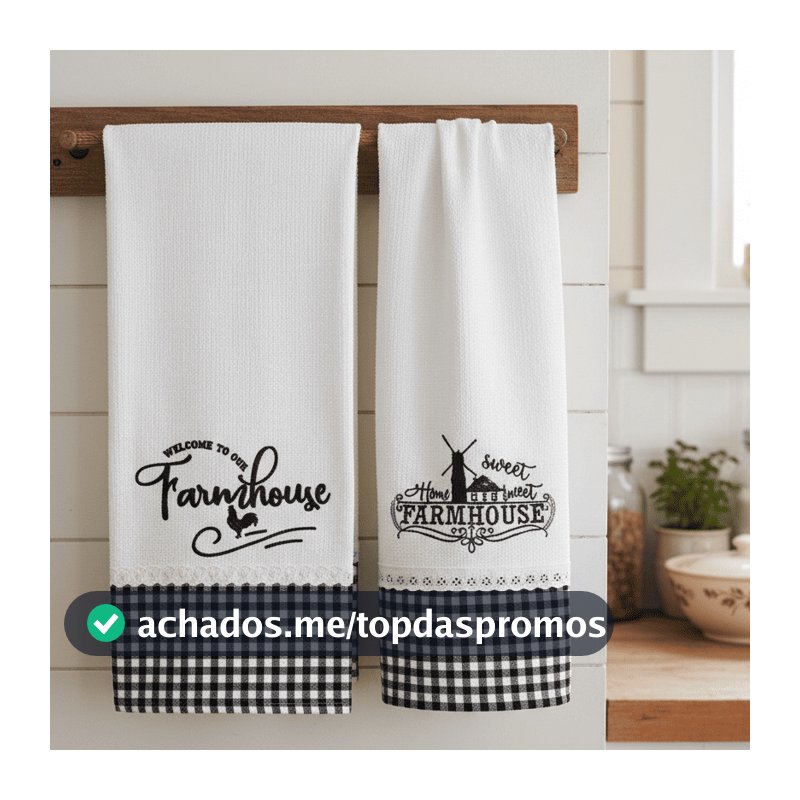 Kit 2 Panos de Prato Farmhouse Bordados Xadrez Preto