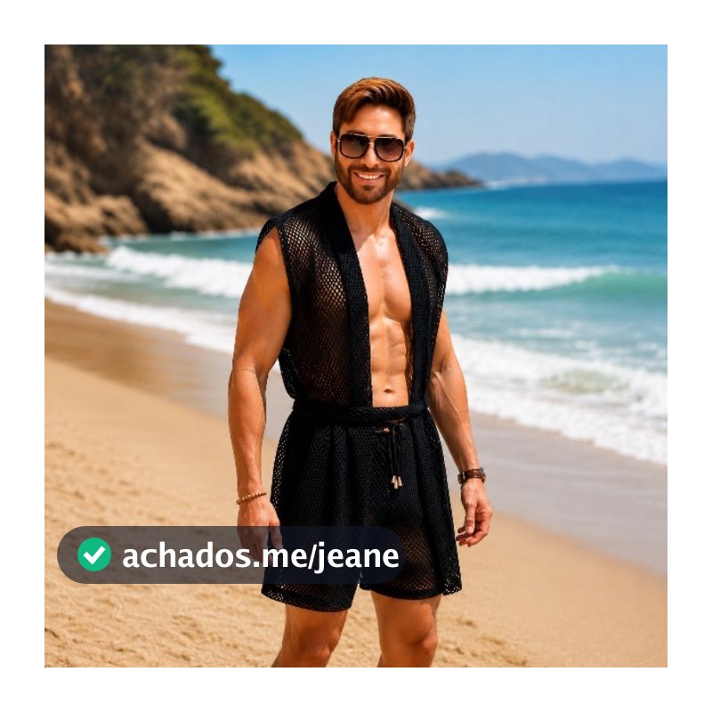 Conjunto praia kimono e shorts em tela Arrastão masculino