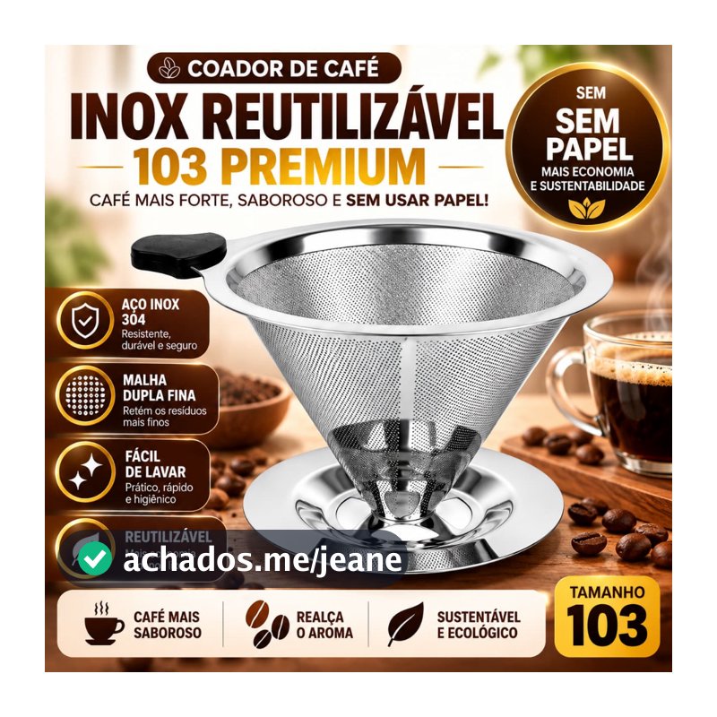 Coador de Café Inox 103 Reutilizável Filtro Permanente Malha Dupla Fina Sem Papel