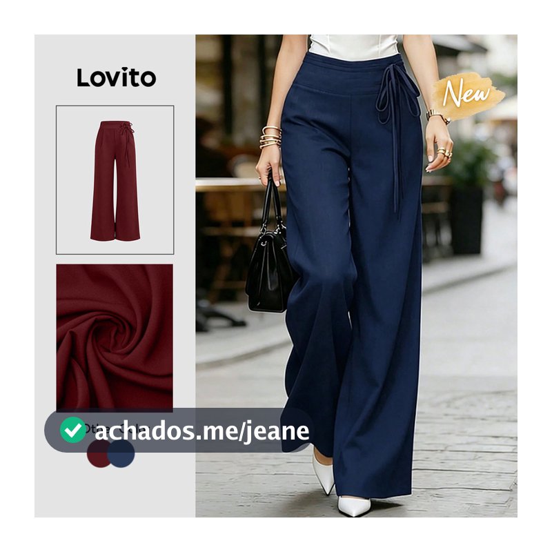 Lovito Calça Feminina Azul-Escuro Cintura Alta Reta na Pernas e Amarração Casual Primavera Verão PTB204P1D770