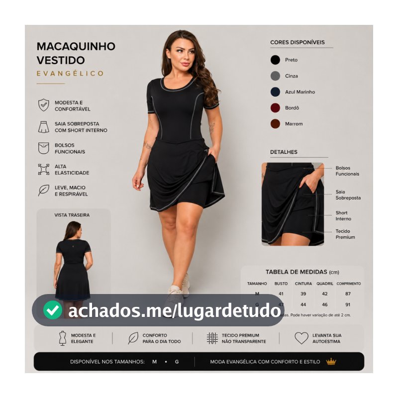 Macaquinho Vestido Evangélico com Bolsos - Moda Feminina Elegante e Esportiva