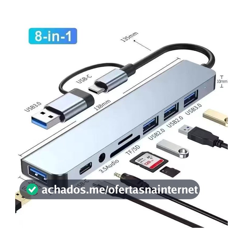 Hub USB-C 8 em 1 Multifuncional com USB 3.0, USB 2.0, Leitor SD/TF e Áudio 3.5mm para Notebook e PC