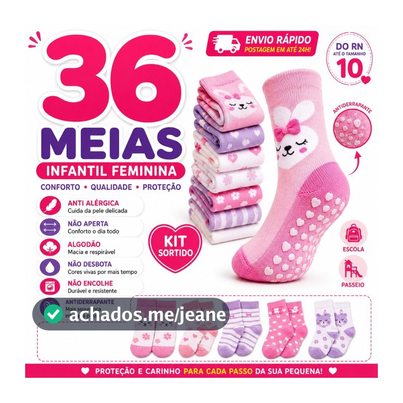 Kit Meias Criança Infantil Menina Antiderrapante Bebê Feminina Estampada Algodão  0 a 10 Anos