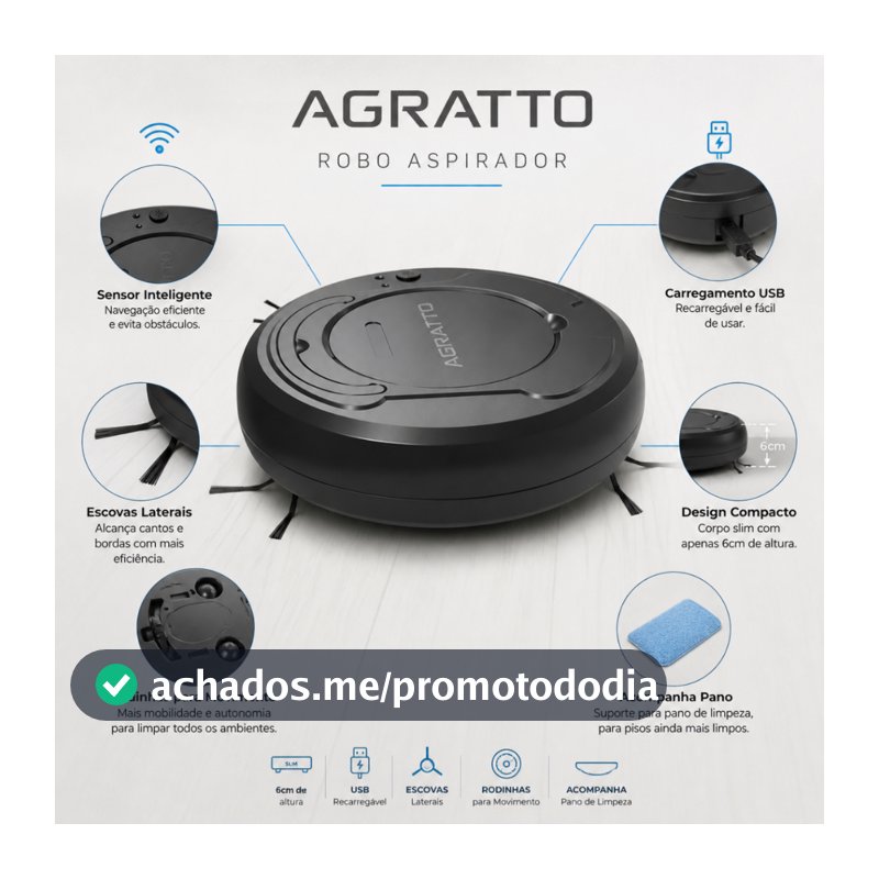 Robô Aspirador Eletrônico Inteligente Sem Fio Com Sensor Bivolt Preto USB 3W 3.7V c/ rodinha , pano