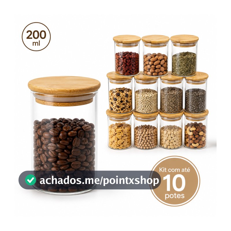 Pote Hermético de Vidro 200 ml Tampa Bambu Organizador Cozinha Mantimentos Temperos Grãos Cereais