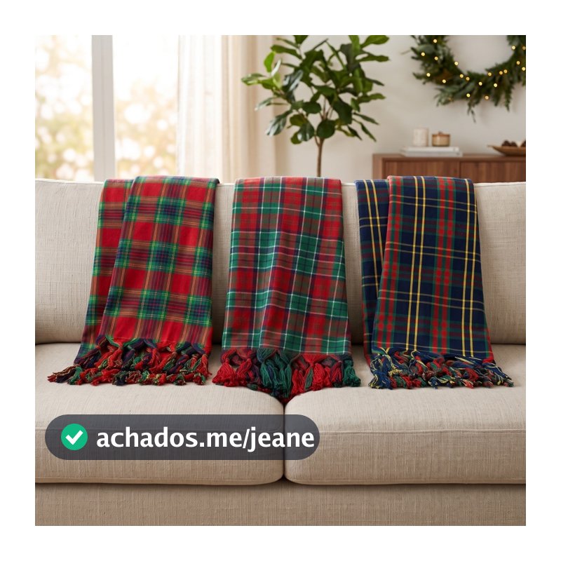 Manta Natalina Xadrez Para Sofás e Poltronas em Tecido Jacquard Fio Tinto